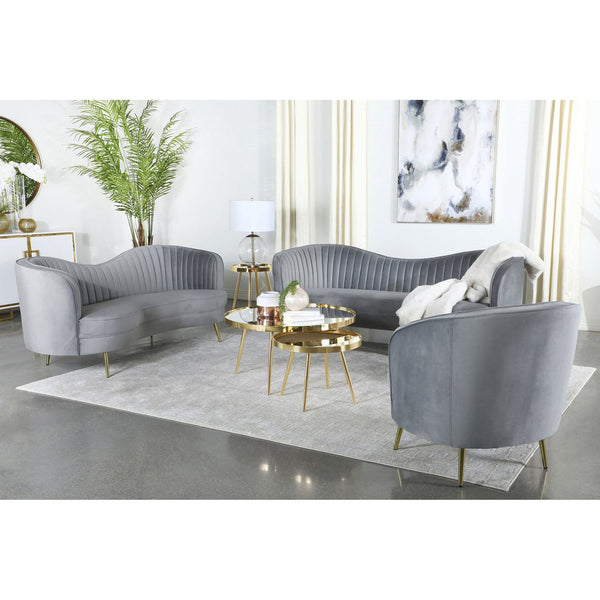 English Elm Reigha Velvet Loveseat in Grey with Gold Legs — Mid-Century Modern Channel Tufted Curved Bench Cushion Elegance B062P351443