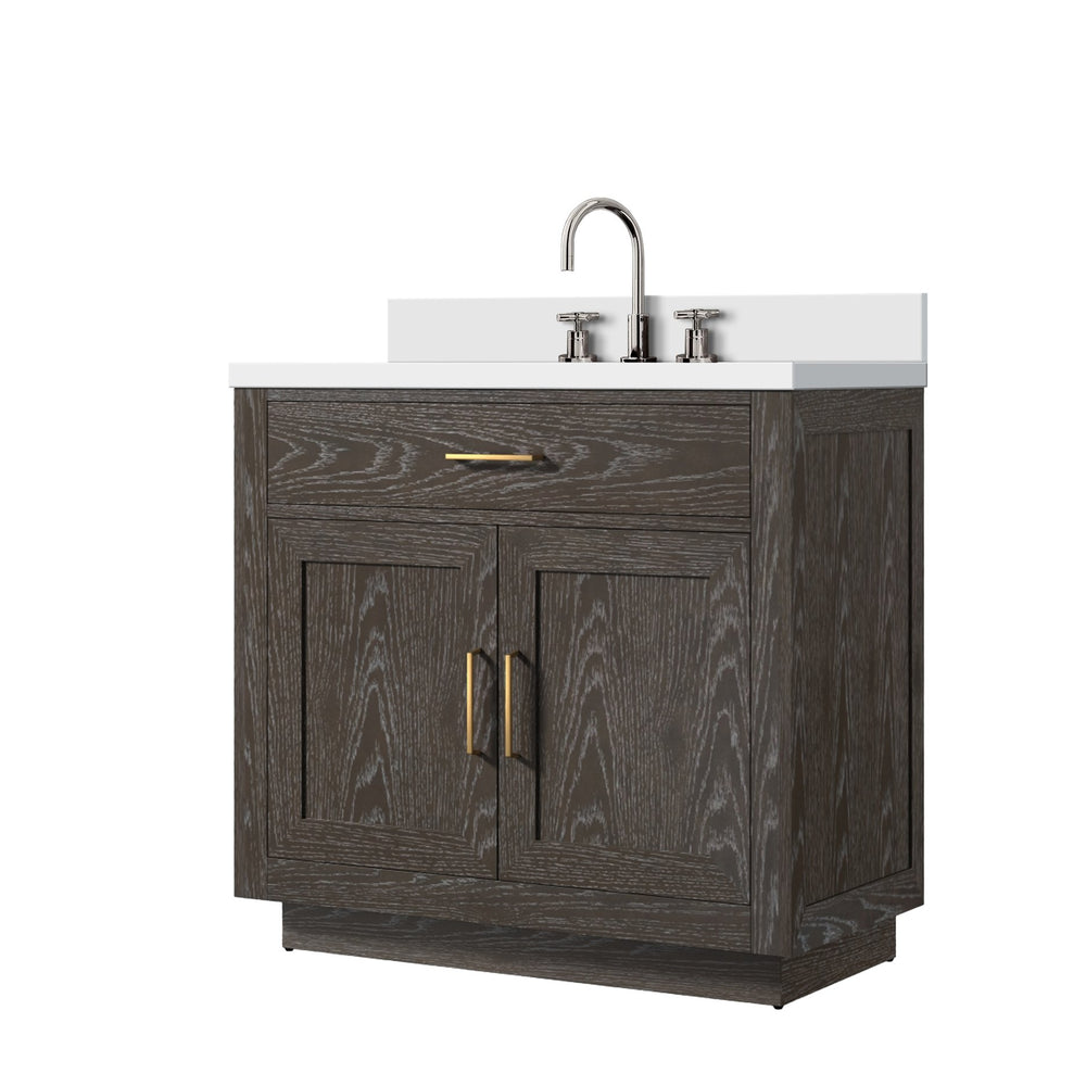 English Elm Brown Oak Single Bath Vanity With Cultured Marble Top & Complete Faucet Set For Elegant Storage B2731P257675