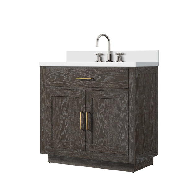 English Elm Brown Oak Single Bath Vanity With Cultured Marble Top & Complete Faucet Set For Elegant Storage B2731P257675
