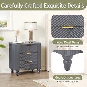 English Elm Mid-century Fluted 3 Drawer Nightstand with Gourd Legs and Gold Tone Handles for Bedroom Dark Gray N761P285712D