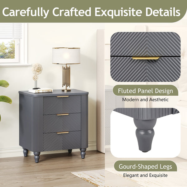 English Elm Mid-century Fluted 3 Drawer Nightstand with Gourd Legs and Gold Tone Handles for Bedroom Dark Gray N761P285712D
