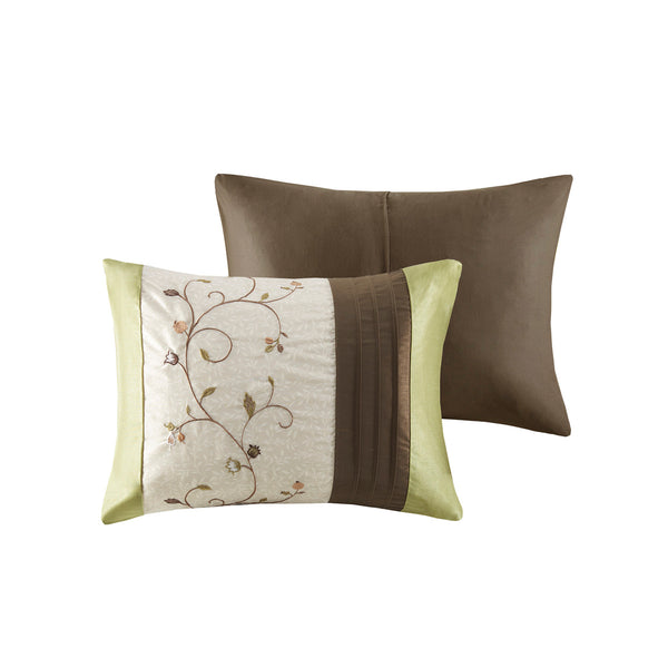 English Elm Embroidered 7-Piece King Comforter Set In Green, Chocolate & Taupe - Luxurious Floral Design & Pillows B03597124