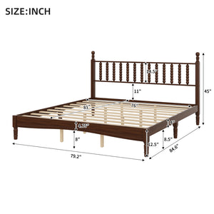 English Elm King Retro Wood Platform Bed with Gourd Headboard, Walnut Finish, Sturdy Slat Support, No Box Spring Needed N733P338316D