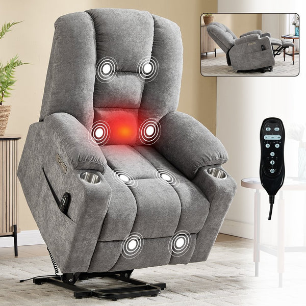 English Elm Emon's Overstuffed Chenille Power Lift Recliner with Massage Heat and Charging Ports Light Gray W1803S00091