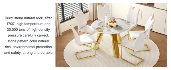 English Elm Table 7-Piece Dining Set: 42-Inch White Imitation Marble Round Table With 6 Gold-Leg Chairs W2920S00050-GIGA