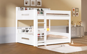 English Elm Queen Over Pine Bunk Bed with Built-in Shelves and Usb Charging Ports White N7090002238K