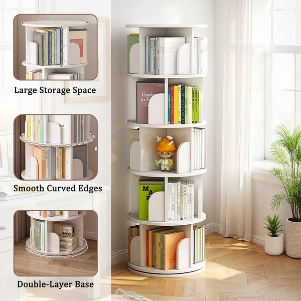 English Elm 5 Tier Rotating Bookshelf Tower with Curved Edges, 360° Smooth Spin, Stable Double-Layer Base, Space-Saving Storage White W3204P293743