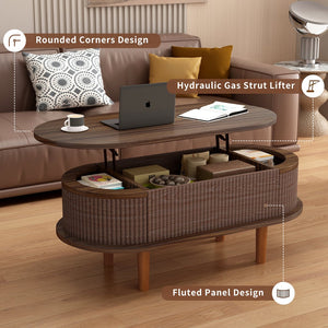 English Elm Fluted Oval Lift Top Coffee Table with Hidden Storage Mid-century Modern Living Room Walnut W2641P384388