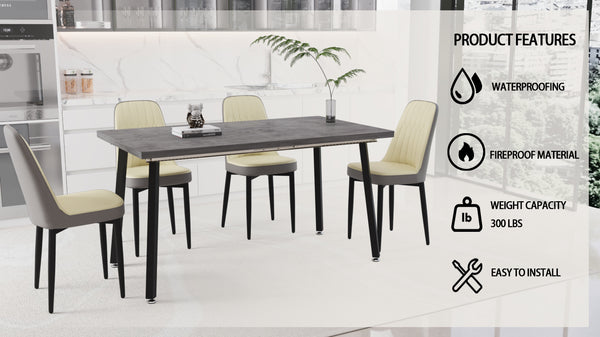 English Elm 55.12-70.87" Expandable Dining Table Set Seats 6 with Pu Upholstered Chairs Black Metal Legs Beige+Grey W2189S00914