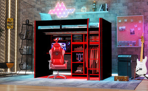 English Elm Full Size Loft Bed with Rgb Lighting Desk Open Wardrobe and Storage for Gaming Rooms Red LT000277AAR