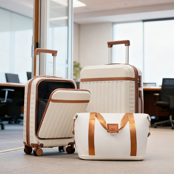 English Elm Front Access Hardside 3 Piece Travel Set with Usb Port Spinner Wheels and Tsa Lock Brown+White N732P326130K