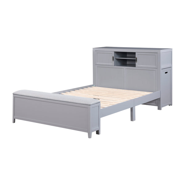 English Elm Gray Full Platform Bed with Bookcase Headboard Fold Out Desk Drawers and Footboard Bench Gray B011S02325