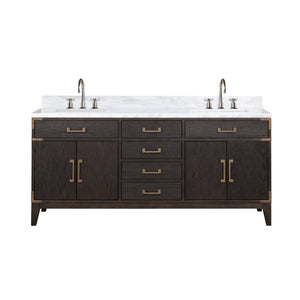 English Elm Brown Oak 72in Double Bath Vanity with Carrara Marble Top, Soft-Close Storage & Chrome Faucet Set B2731P259883