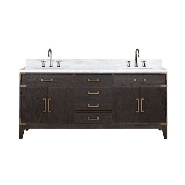 English Elm Brown Oak 72in Double Bath Vanity with Carrara Marble Top, Soft-Close Storage & Chrome Faucet Set B2731P259883