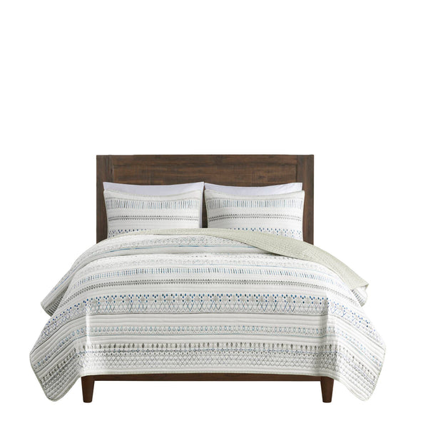 English Elm 3 Printed Microfiber Seersucker Quilt Set Reversible Diamond Channel Quilting Antimicrobial Full/Queen Taupe+Blue 17.72 L x 15.35 W x 7.48 H B03597655