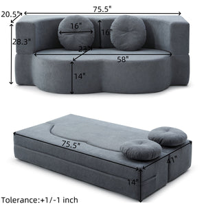 English Elm 2-in-1 Folding Sofa Bed with Plush Foam Support — Convertible Floor Couch to Queen Guest Sleeper Grey W1117P325078