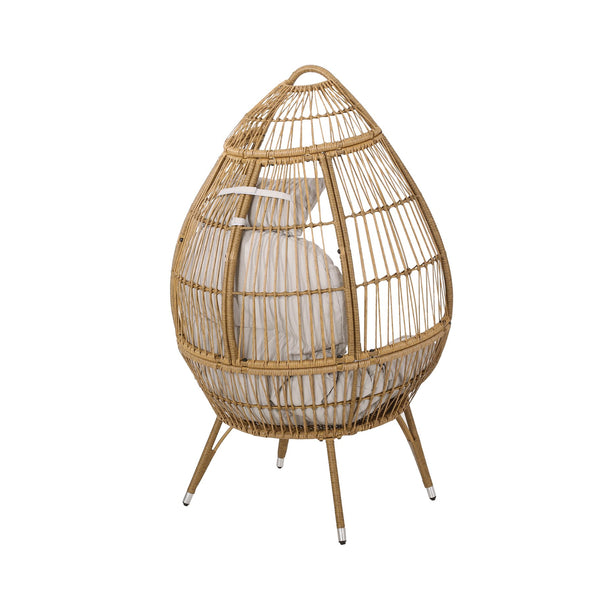 English Elm Christopher Knight Home® - SERINA Teardrop Wicker Outdoor Chair with Water-Resistant Beige Cushion, Light Brown Faux Rattan, Sturdy Iron Frame 69367.00LBRN