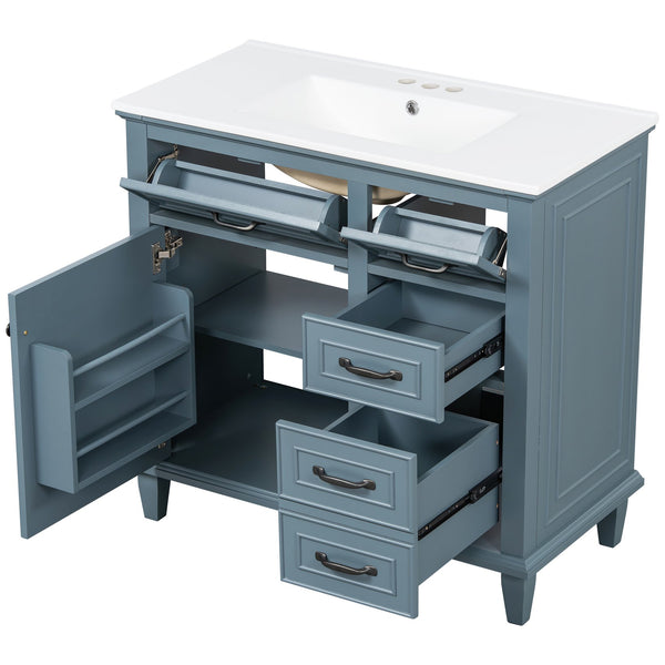 English Elm 36 Inch Bathroom Vanity With Ceramic Sink, Adjustable Shelf, Stylish Storage, Modern Blue Finish N725P336554C