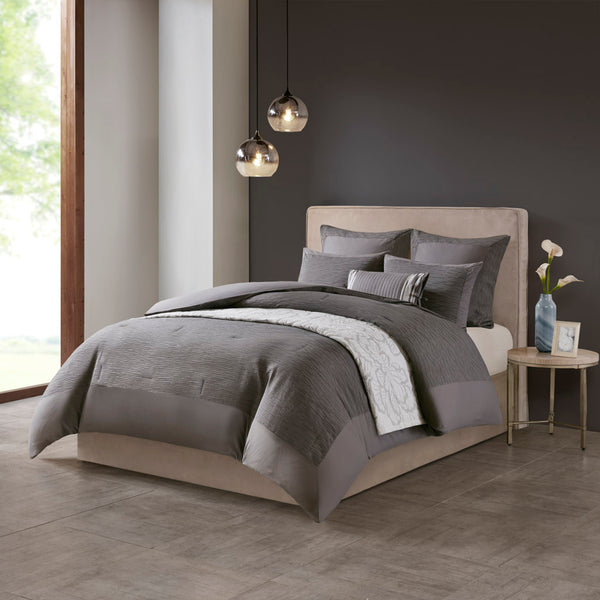 JLA Home N Natori - Cotton Natori Hanae 3-Piece Comforter Set — Yarn-Dyed Textured Cotton-Blend, Oversized Plush, Machine Washable Grey NS10-3249