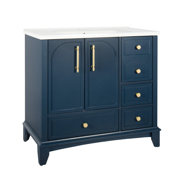 English Elm 35.6" Freestanding Bathroom Vanity with Roman Column Base and Ceramic Integrated Sink Blue W1801S00002