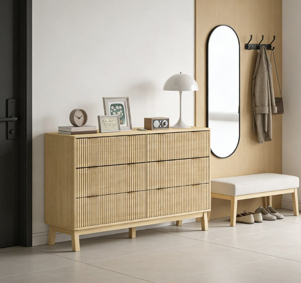 English Elm Closet Six Drawer Double Dresser with Fluted Fronts Gold Pulls and Rubberwood Legs T3971P431255