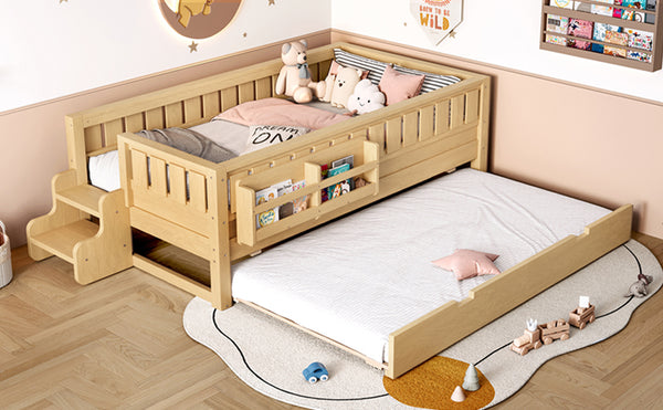 English Elm Twin Kids Platform Bed with Trundle Staircase Bookshelf and Rounded Safety Rails Light Natural W1580S00557