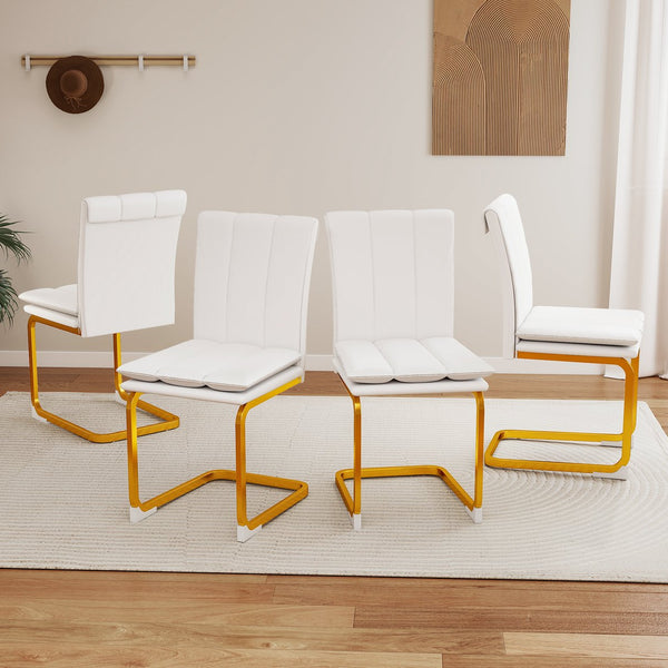 English Elm Modern Pu Leather Cantilever Dining Chairs Set of 4 with Steel Arc Frame for Kitchen White+Gold W5123P454212
