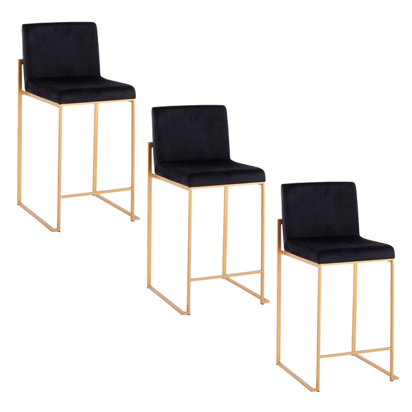 English Elm Fuji 26" High Back Velvet Counter Stools Set Of 3 - Luxurious Black Upholstery & Gold Steel Frame B202P221983
