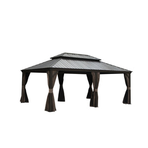 English Elm 14x20FT Hardtop Gazebo with Galvanized Double Roof, Aluminum Frame, Drainage System, Curtains & Netting Brown W1859S00098