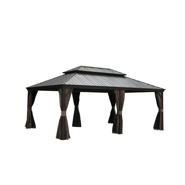English Elm 14x20FT Hardtop Gazebo with Galvanized Double Roof, Aluminum Frame, Drainage System, Curtains & Netting Brown W1859S00098