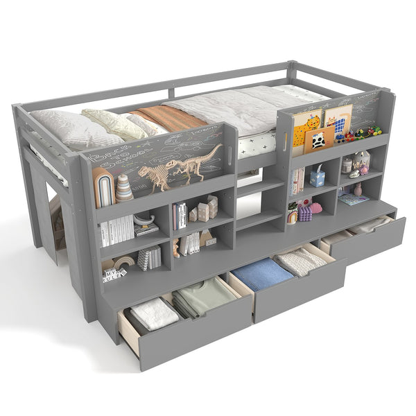 English Elm Twin Xl Low Loft Bed with Curtain Hideaway Chalkboard and Built-in Storage Shelves W1580S00400