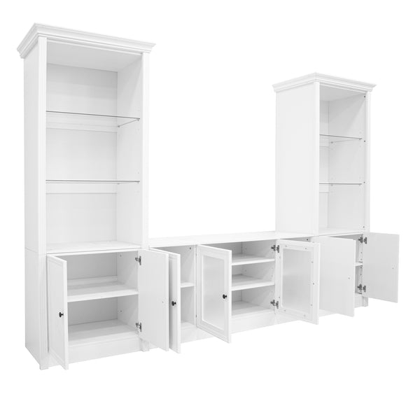 English Elm U-can Three Piece Wall Unit Built-in Media Center with Crown Molding and Tempered Glass Storage White SJ000156AAK