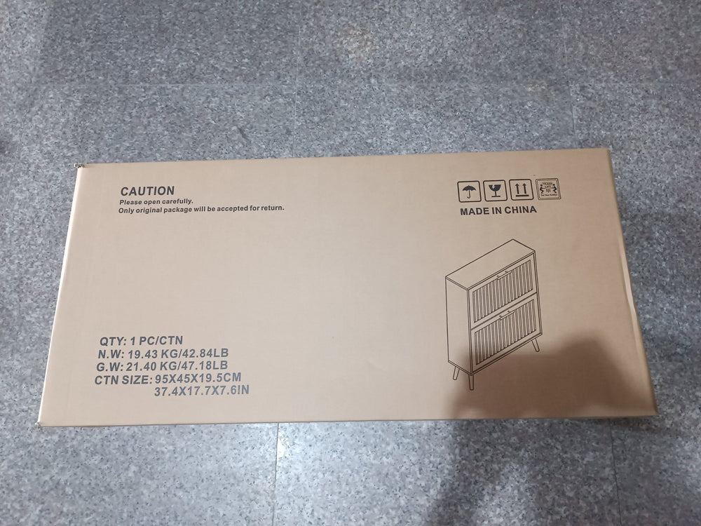 English Elm 31.5-inch walnut shoe cabinet with 2 flip drawers, adjustable dividers, open rack, sturdy MDF legs, anti-tip safety and stylish entry storage W1706P280639