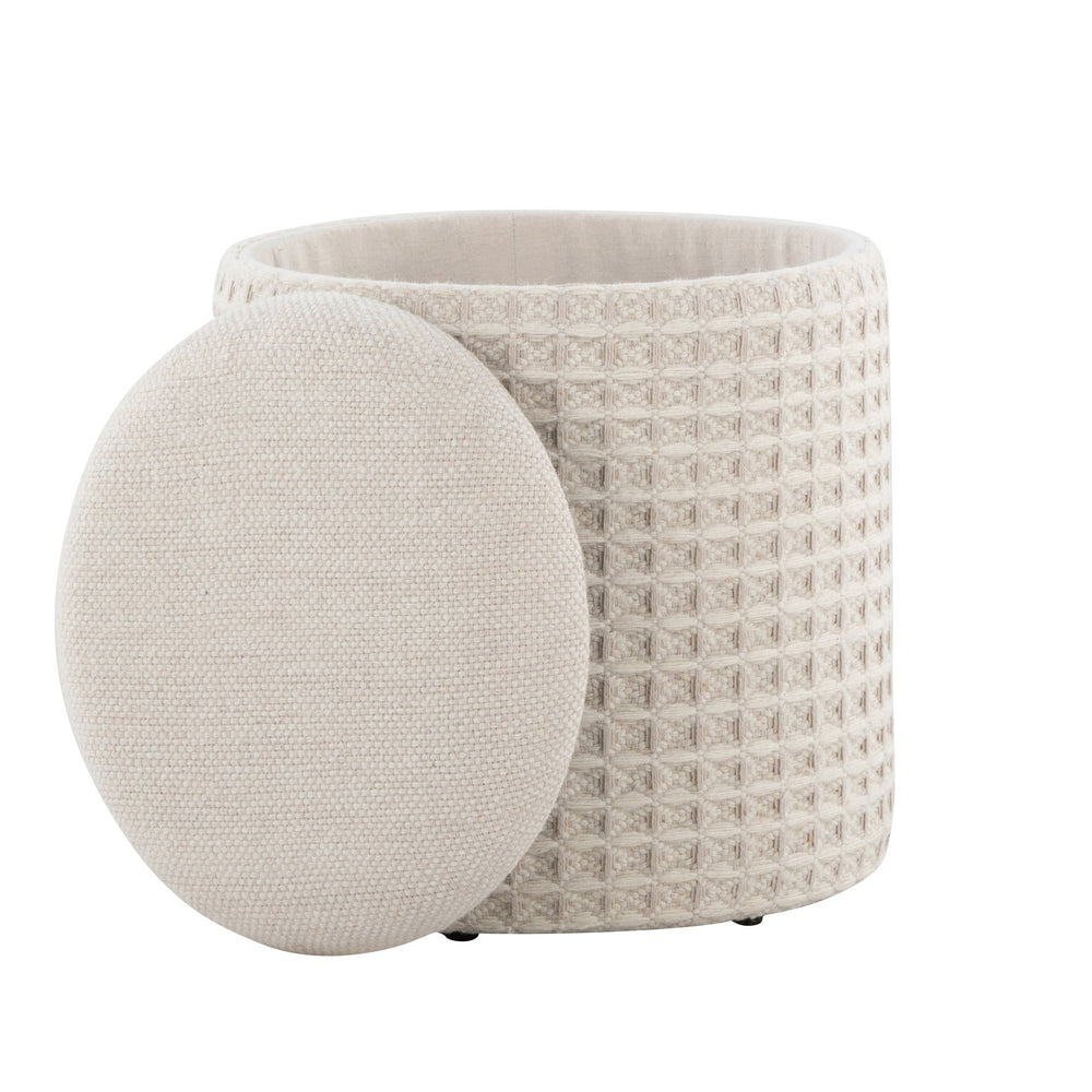 English Elm Wood Lidded Storage Ottoman Handwoven Wool Artisan Texture for Bohemian Living Spaces Ivory B202P471522