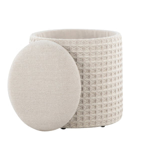 English Elm Wood Lidded Storage Ottoman Handwoven Wool Artisan Texture for Bohemian Living Spaces Ivory B202P471522