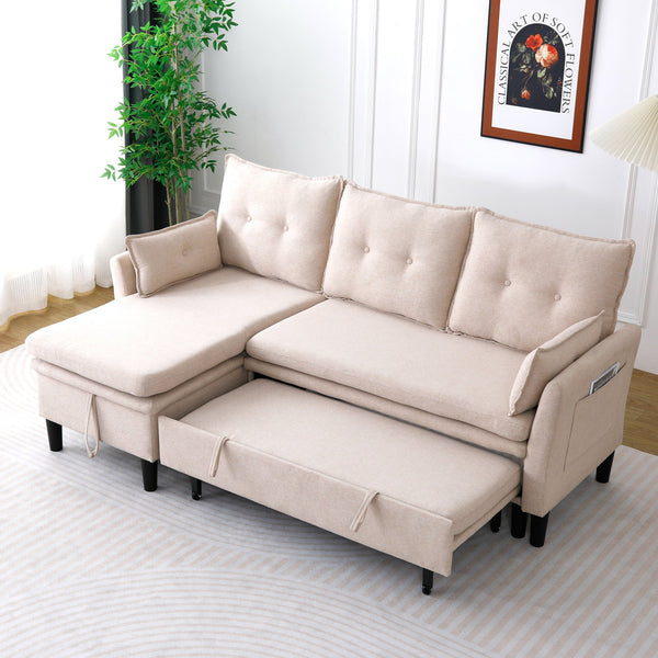 English Elm L-Shaped Reversible Chaise Sectional Sofa with Storage and Fold-Out Bed Cotton-Linen Modern Design Beige W3371S00024