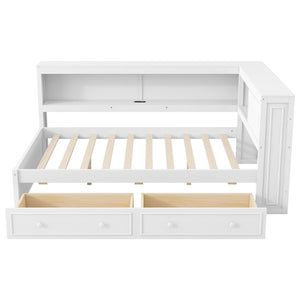 English Elm Full Pine Platform Daybed with Led Lighting Usb Charging Headboard Shelf and Drawers White N7090004032K