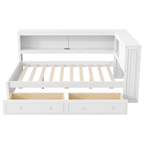 English Elm Full Pine Platform Daybed with Led Lighting Usb Charging Headboard Shelf and Drawers White N7090004032K
