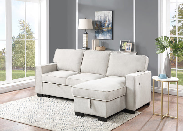 English Elm Ella Reversible Sleeper Sectional Neutral Fabric with Storage Chaise and Usb Charging Beige B2749S00013