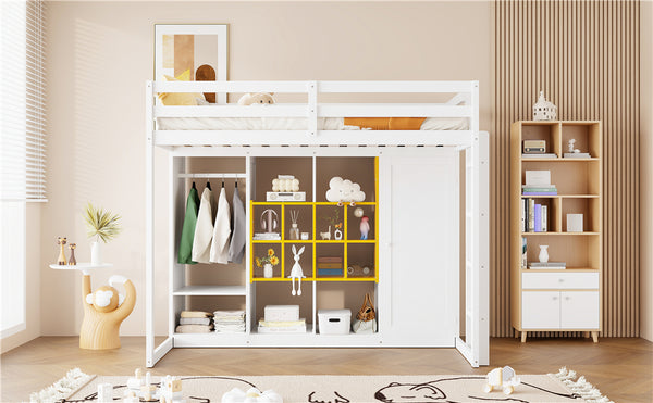 English Elm Twin Loft Bed with Wardrobe Shelves and Cabinet Kids Bedroom Wood Storage Frame Yellow+White N708S00023K