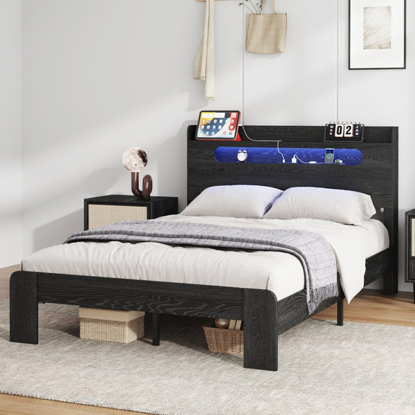 English Elm Bed Frame Queen Size - Modern Wood Platform Bed With Led Headboard, Usb Ports & Under-Bed Storage W636P277309