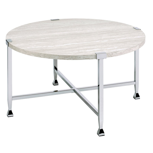 English Elm White Oak Round Coffee Table with Chrome Legs — Minimalist 36.5" Surface, Industrial Chic Accent Table for Living Room Decor B062P185643