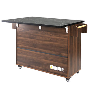 English Elm K&K Kitchen Island with Tilt-Out Trash Can, Drop Leaf Counter, Adjustable Shelf, Rolling Cart Walnut Brown WF326381AAZ