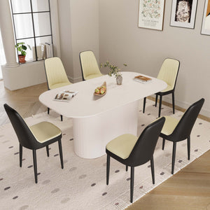 English Elm 63 Inch Modern Dining Set Six Pu Leather Chairs Mdf Table Matte Black Metal Legs Beige+Cream,Black W2189S00867