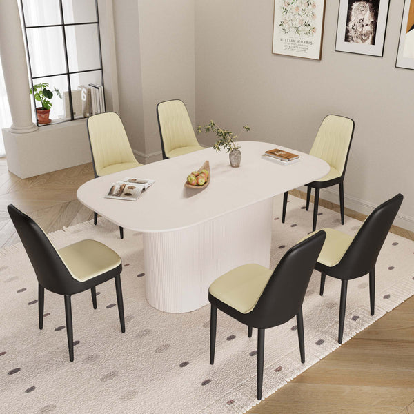 English Elm 63 Inch Modern Dining Set Six Pu Leather Chairs Mdf Table Matte Black Metal Legs Beige+Cream,Black W2189S00867