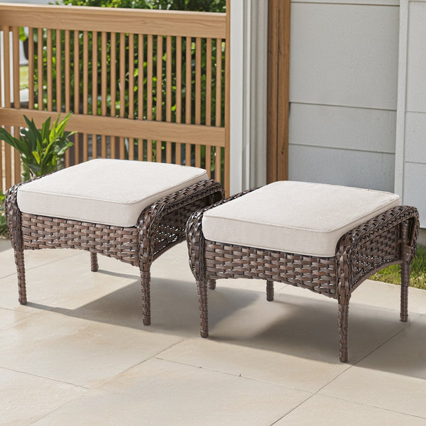 English Elm Outdoor Pe Wicker Patio Ottoman Set of 2 with Cushions for Deck or Backyard Beige T3773P418421