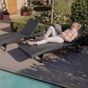 English Elm K&k Outdoor Wicker Reclining Chaise Set 2 Piece with Pull Out Tray Rolling Wheels Black N707P395515B