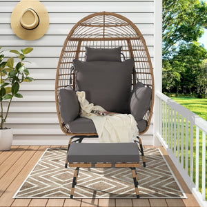 English Elm Wicker Oversized Egg Chair with Ottoman and 3.2" Thick Cushions, Handwoven PE Rattan, Weatherproof Comfort Dark Gray W874P264671