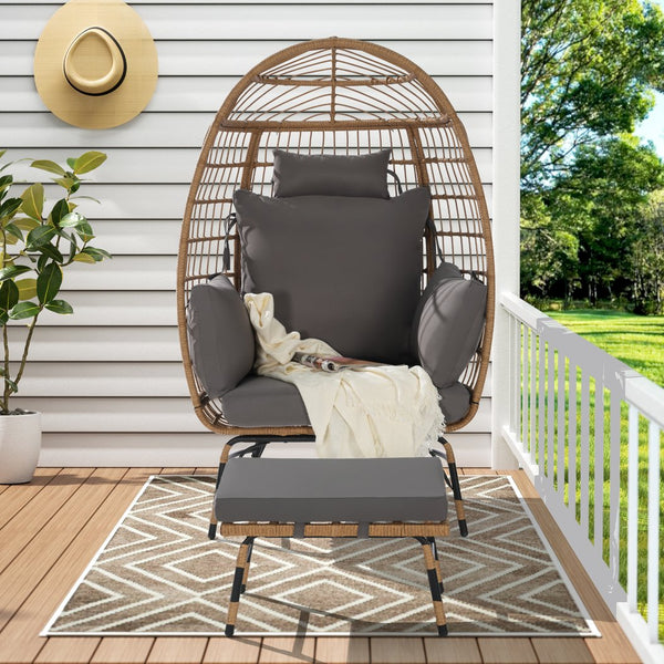 English Elm Wicker Oversized Egg Chair with Ottoman and 3.2" Thick Cushions, Handwoven PE Rattan, Weatherproof Comfort Dark Gray W874P264671