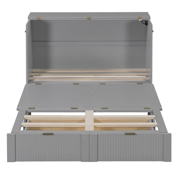 English Elm Full Size Wall Murphy Bed Cabinet with Usb Ports Drawer and Pulley Lift Gray Finish LP100770AAE